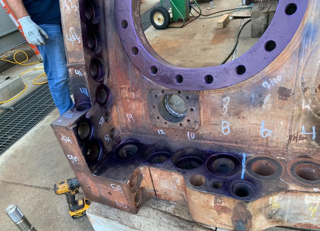 Siemens 501F cylinder flange with bolt holes marked for the 4-way joint reinstall sequence