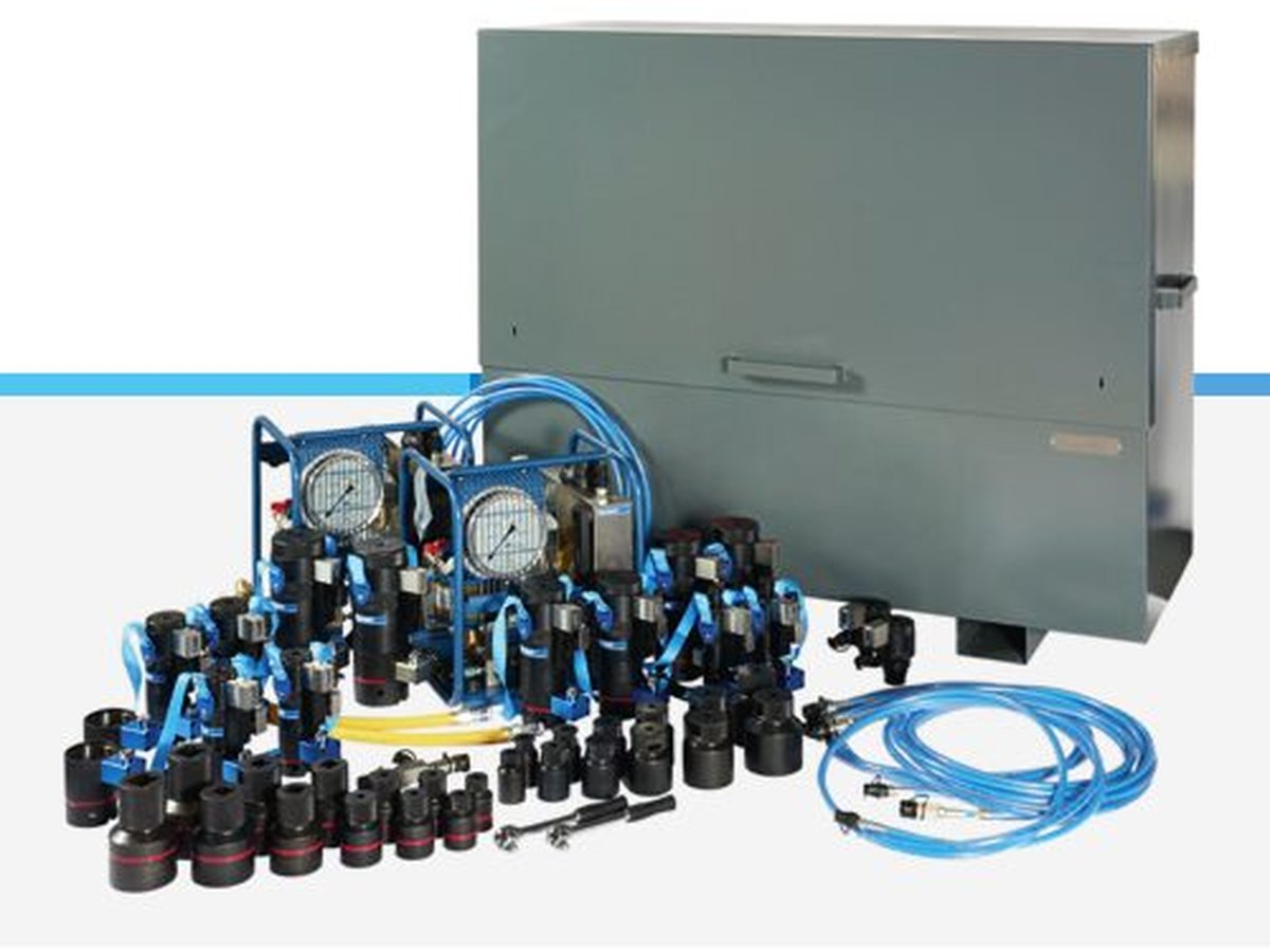 Kit Boltight para carcasa GE 7FA: tensionadores hidráulicos, bombas neumáticas, mangueras, dados y caja de transporte